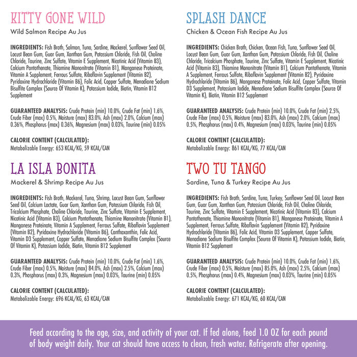 A label for The Coolsville Catch! by Cats in the Kitchen—a seafood variety pack with four high-protein cat food flavors: Kitty Gone Wild, Splash Dance, La Isla Bonita, and Two Tu Tango. Includes salmon, ingredients, analysis, and feeding instructions.