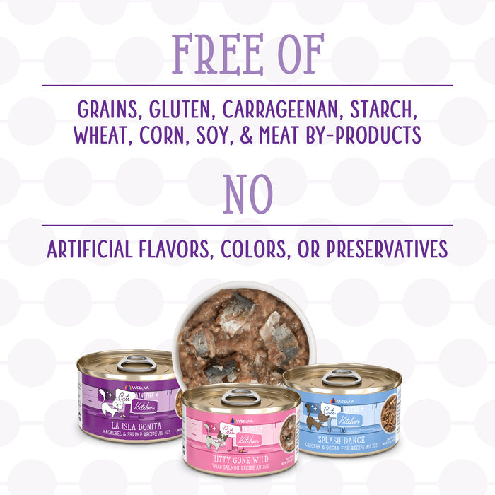 Three cans of Cats in the Kitchen’s The Coolsville Catch! are shown with contents above. This high-protein cat food with wild-caught salmon is free of grains, gluten, carrageenan, wheat, corn, soy, meat by-products, and artificial additives.