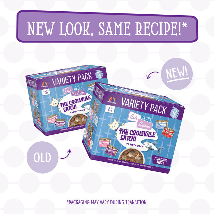 Two boxes of Cats in the Kitchen The Coolsville Catch! high protein cat food Variety Pack are shown—one labeled OLD, one NEW! Text says NEW LOOK, SAME RECIPE!* Note: Packaging may vary.
