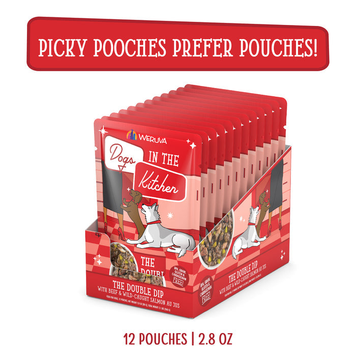 Display box of Dogs in the Kitchen The Double Dip pouches, featuring cartoon dog packaging. Text above: "Picky Pooches Prefer Pouches!" Includes 12 high-protein, 2.8 oz pouches made with grass-fed beef.