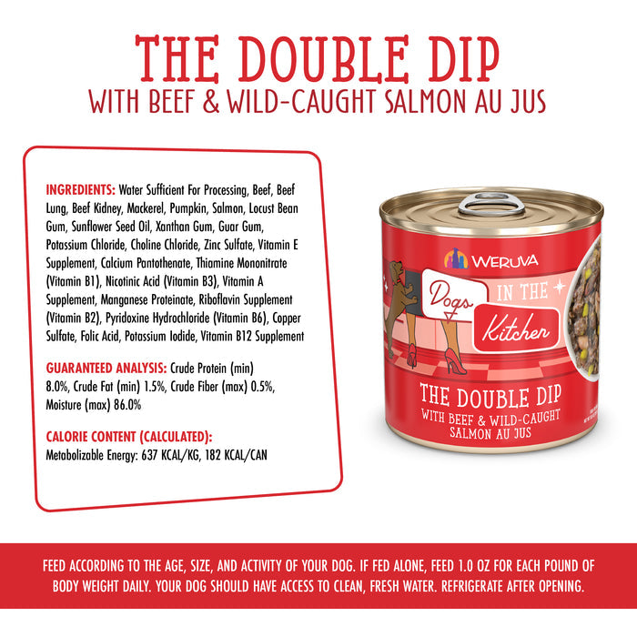 A can of Dogs in the Kitchen The Double Dip dog food is shown, featuring protein-rich grass-fed beef and wild-caught salmon. The red and white label displays key ingredients, feeding guidelines, and guaranteed analysis.