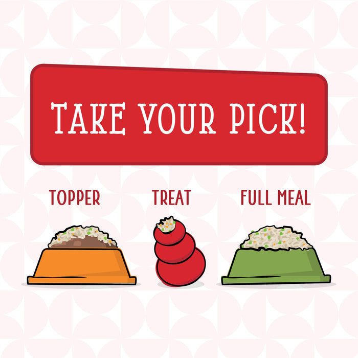 Illustration with “Take Your Pick!” above three options: a bowl labeled Topper, a red treat toy labeled Treat, and a green bowl labeled Full Meal—featuring Dogs in the Kitchen’s The Double Dip high-protein pouches.