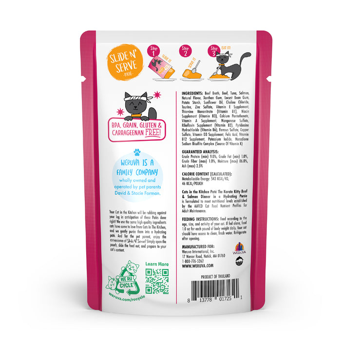 A pouch of Cats in the Kitchen "The Karate Kitty" cat food features a cartoon cat, icons, ingredient list, nutritional info, and company details. The packaging highlights grass-fed beef, wild-caught salmon, and bold claims: BPA-free, grain-free, gluten-free & carrageenan-free.