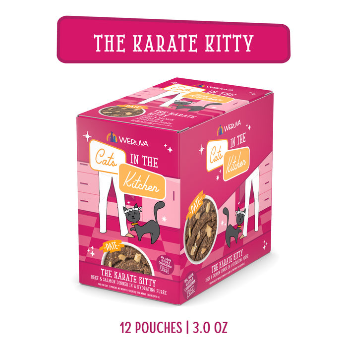 A pink box of Cats in the Kitchen "The Karate Kitty" cat food features a cartoon cat with a karate headband. Includes 12 creamy paté 3.0 oz pouches, all set against a playful kitchen-themed background.