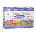 Weruva’s The Showcase Chowdown features 16 Slide N’ Serve pouches in 8 flavors with cage-free chicken and sustainably sourced fish, packaged in a colorful box with two cartoon cats showcasing tasty wet food varieties.