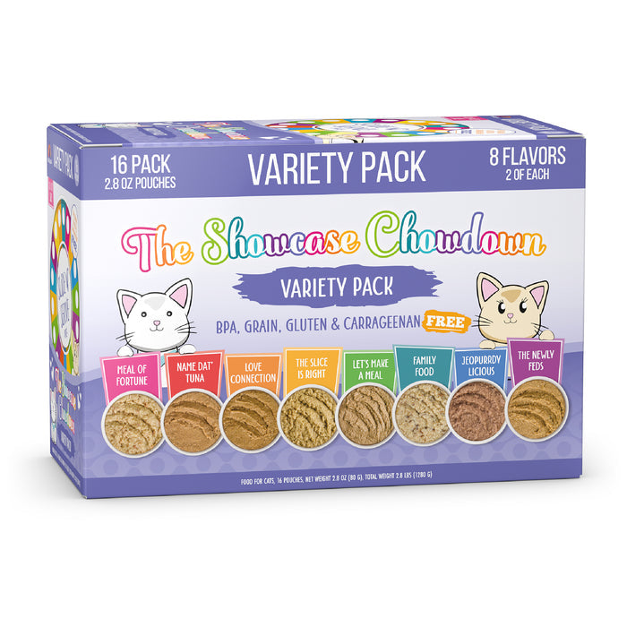 Weruva’s The Showcase Chowdown features 16 Slide N’ Serve pouches in 8 flavors with cage-free chicken and sustainably sourced fish, packaged in a colorful box with two cartoon cats showcasing tasty wet food varieties.