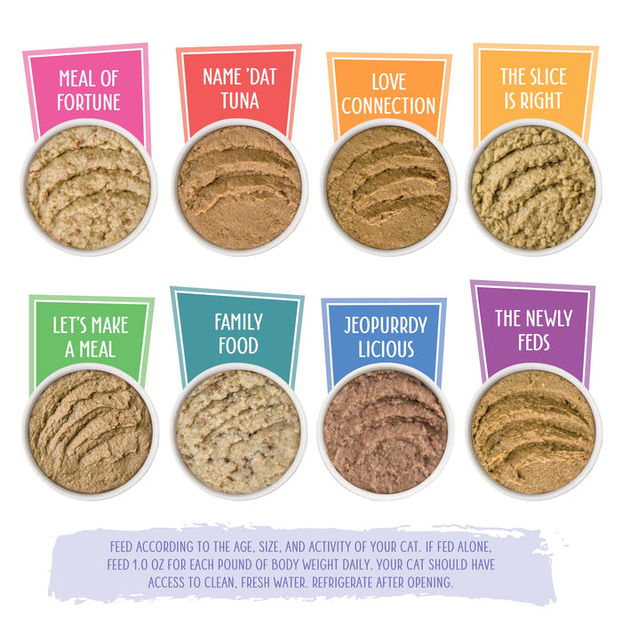 The Showcase Chowdown by Weruva features eight cans of cat food with varied textures, made from cage-free chicken and sustainably sourced fish, each with playful names like Meal of Fortune and Name Dat Tuna.