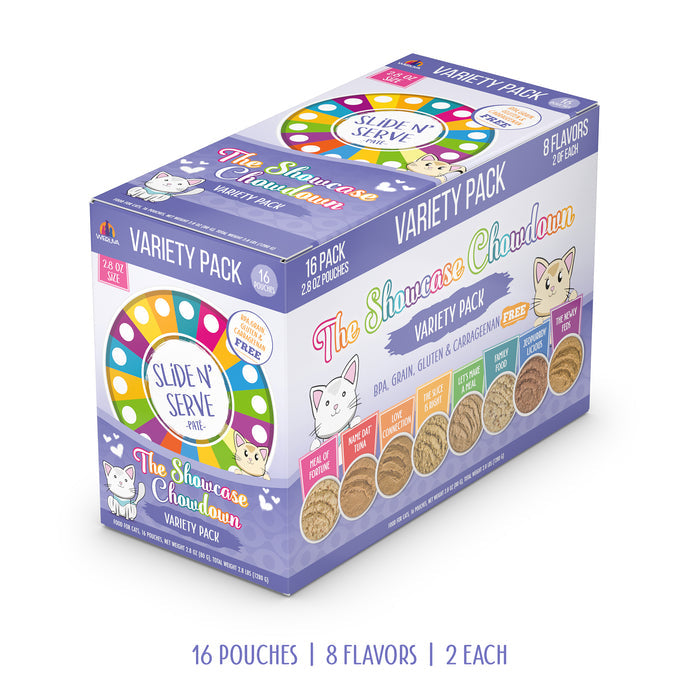 Weruva’s The Showcase Chowdown is a purple variety pack with 16 Slide N’ Serve pouches in 8 flavors. Featuring cat and bowl images, it’s BPA-free plus grain-, gluten-, and carrageenan-free, using cage-free chicken and sustainably caught fish.