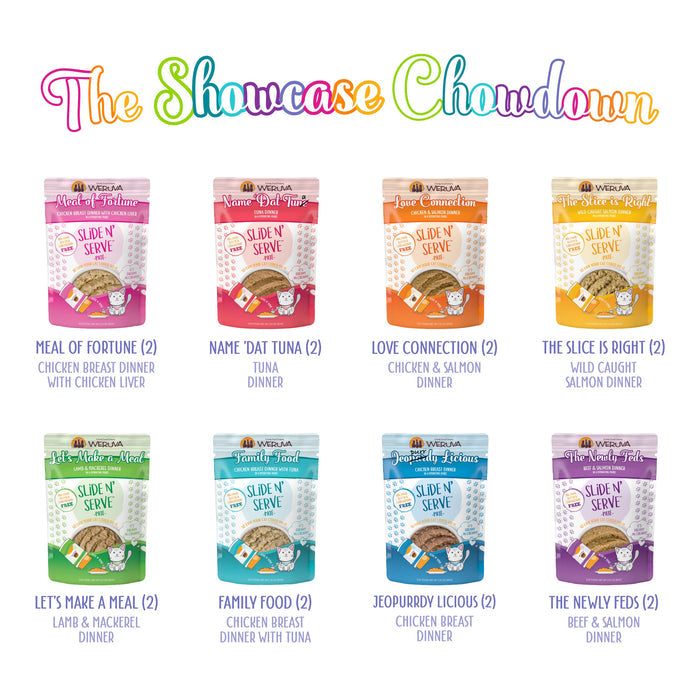 Eight colorful pouches of Weruva's The Showcase Chowdown cat food are shown in two rows, featuring playful flavors with cage-free chicken plus tuna, salmon, beef, and mackerel—all under a rainbow-themed title.