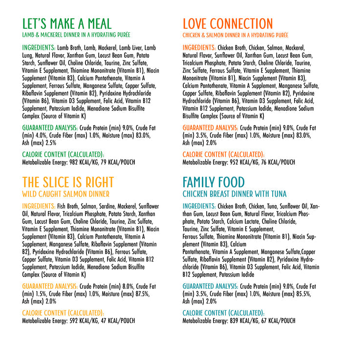 Weruva’s The Showcase Chowdown features four colorful pet food labels with bold titles and detailed info on ingredients, calories, and nutrition for cage-free chicken and responsibly sourced fish in Slide N' Serve pouches.