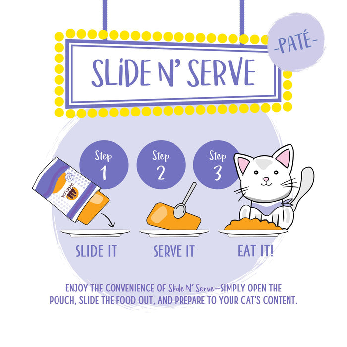Illustration shows three steps for serving Weruva The Showcase Chowdown: 1) Slide food from pouch, 2) Serve on a dish, 3) Cat eats. Made with cage-free chicken. Text reads "Slide N’ Serve - Pâté" with instructions below.
