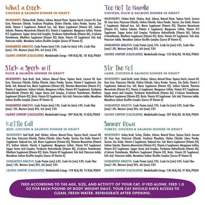 A colorful chart displays ingredients, nutrition, and feeding guidelines for Weruva's The Stew Crew—six grain-free cat stew recipes like What a Crock and Stir the Pot, including wild-caught salmon options.