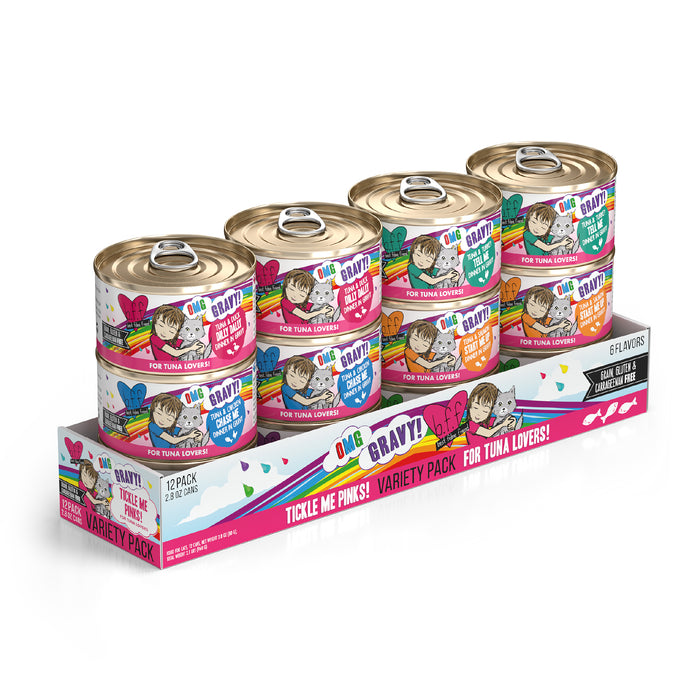 A pack of BFF Best Feline Friend Tickle Me Pinks! cat food cans, ideal for gravy-loving cats who enjoy a grain-free diet.