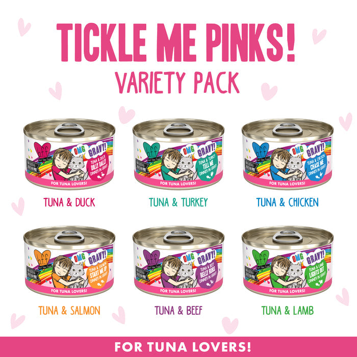 Six cans of BFF Best Feline Friend Tickle Me Pinks! cat food in assorted flavors—ideal for gravy-loving cats. This grain-free variety pack is displayed on a white background with pink hearts.