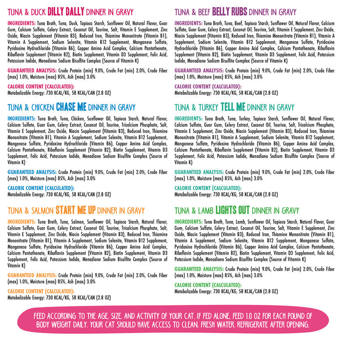 A chart displays ingredients, guaranteed analysis, and calories for BFF Best Feline Friend's Tickle Me Pinks! cat food. The grain-free recipe’s details appear under colorful headings, with feeding directions in a pink box below—ideal for gravy-loving cats.