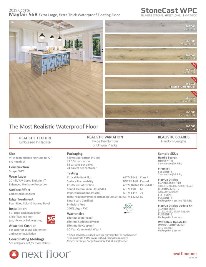 Nextfloor Mayfair 568 WPC flooring installation guide showing 5G Drop Lock system, 8 mm waterproof core, and FloorScore Certified construction for Canadian homes.