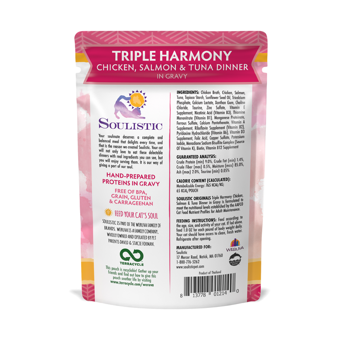 A close-up of a bag of Soulistic Triple Harmony high-protein cat food.