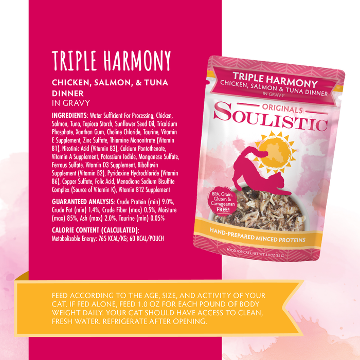 A Soulistic Triple Harmony cat food pouch is displayed on a pink and yellow background, showing a high-protein chicken, salmon, and tuna dinner in gravy with ingredients, feeding instructions, product info, and a cat image.
