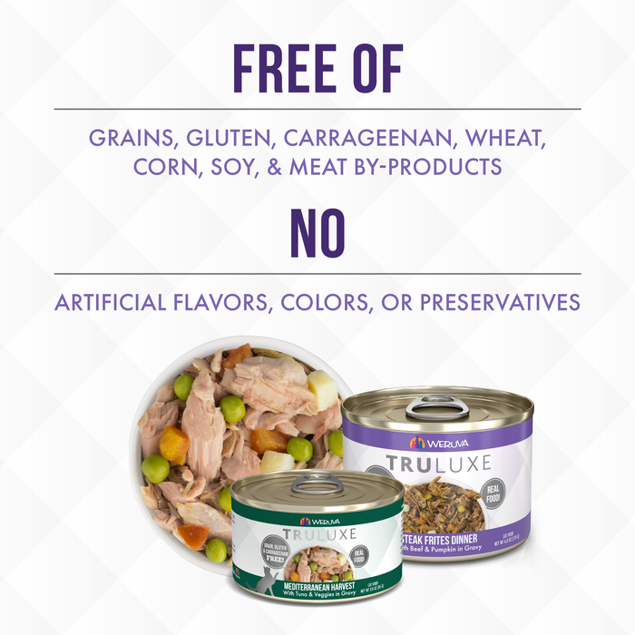 Cans of TruLuxe TruSurf & Turf premium cat food and a bowl with peas and meat, labeled free of grains, gluten, carrageenan, wheat, corn, soy & meat by-products. Made with wild-caught seafood—no artificial flavors or preservatives.