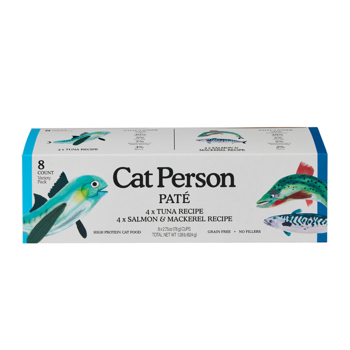 A white Cat Person box of Tuna and Salmon & Mackerel Paté, decorated with fish, holds 8 cans (4 tuna, 4 salmon & mackerel). Text notes protein-packed paté, balanced nutrition, grain-free, and no fillers.