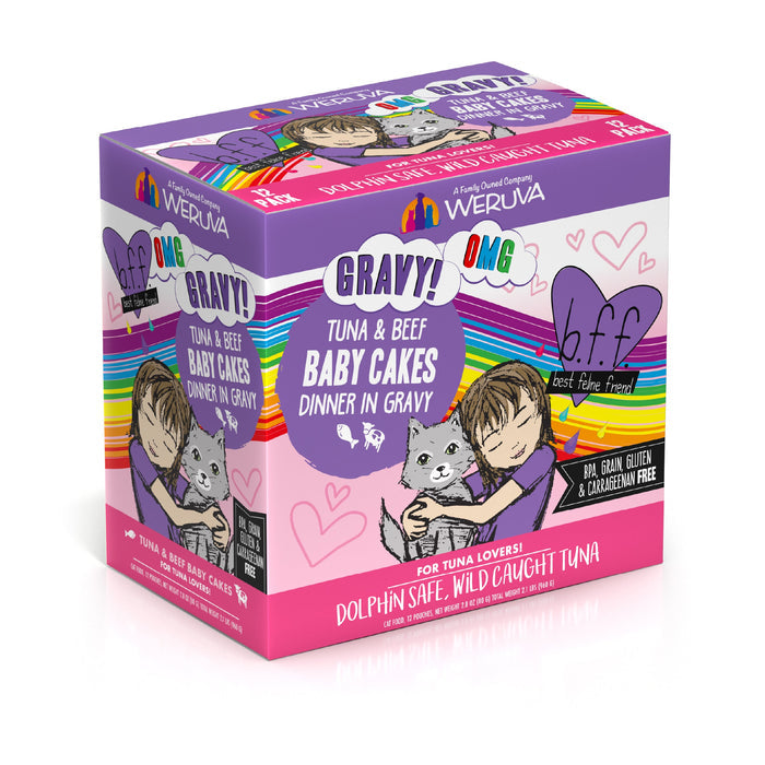BFF Best Feline Friend’s Tuna & Beef Baby Cakes features wild-caught tuna and grass-fed beef in gravy, packed in a colorful box with a sweet illustration of a girl hugging her gray cat amid hearts and rainbows.