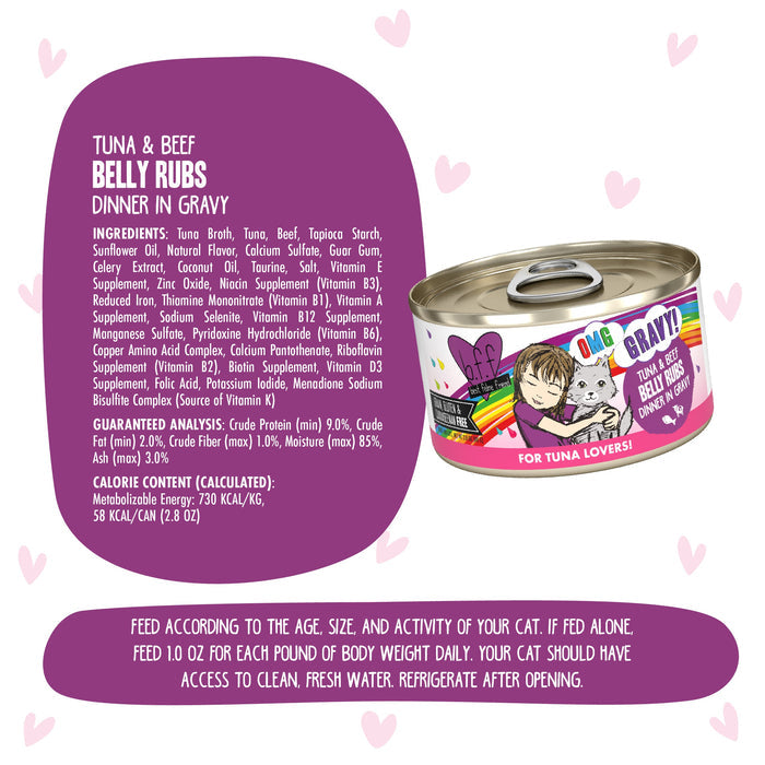 A can of BFF Best Feline Friend Tuna & Beef Belly Rubs features wild-caught tuna and grass-fed beef, a playful label with a smiling cat and hearts, plus ingredients, guaranteed analysis, and feeding guidelines beside the can.