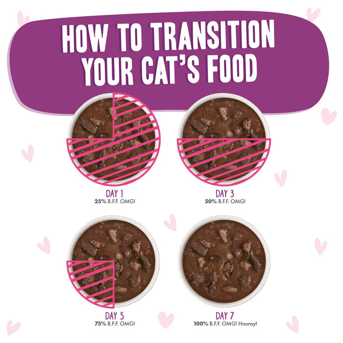 Four bowls show food transition to BFF Best Feline Friend Tuna & Beef Belly Rubs: Day 1 (25% new food), Day 3 (50%), Day 5 (75%), Day 7 (100%). Text above reads How to Transition Your Cat’s Food, with pink stripes marking new portions.