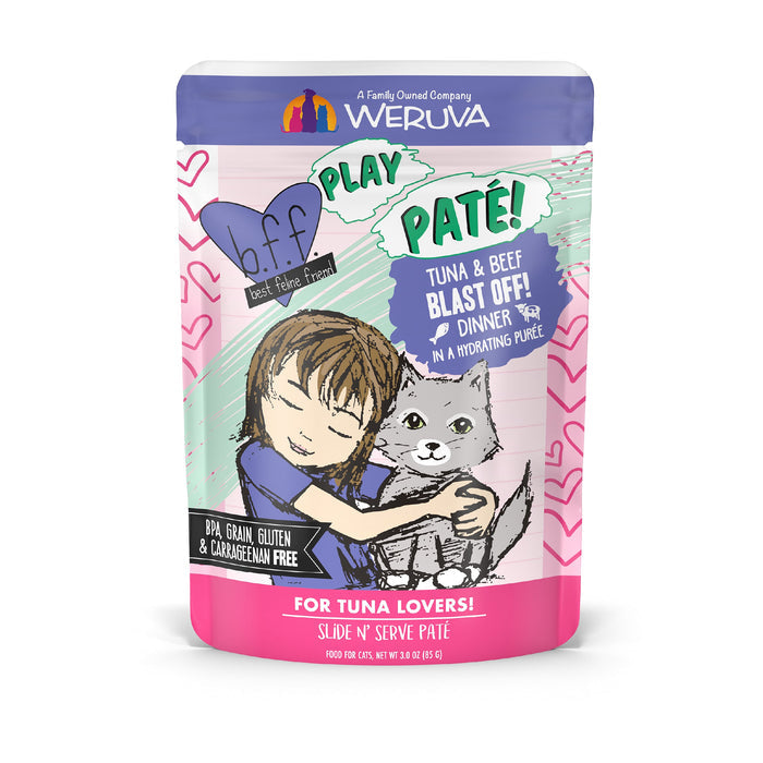 A pink and blue pouch of BFF Best Feline Friend Tuna & Beef Blast Off! cat food features a girl hugging a gray cat. Made with wild-caught tuna in hydrating purée, it’s grain free, BPA free, and carrageenan free.