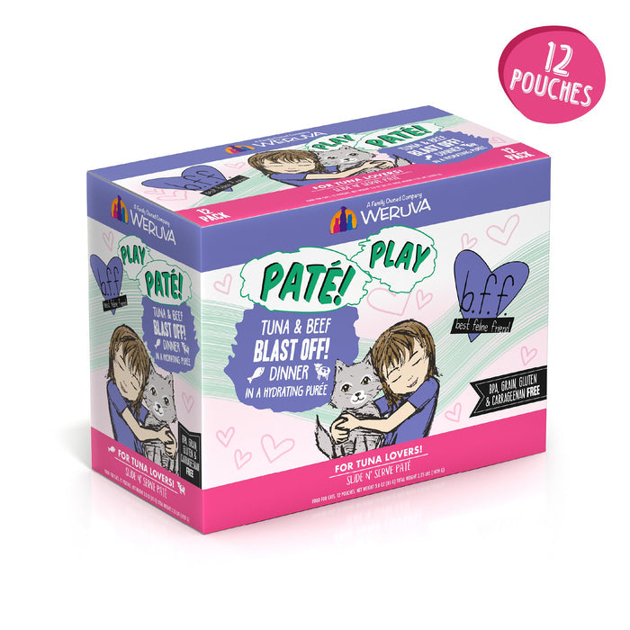 A vibrant box of BFF Best Feline Friend Tuna & Beef Blast Off! features playful art with a girl and cat. The 12 grain-free pouches contain meals made from wild-caught tuna and grass-fed beef.