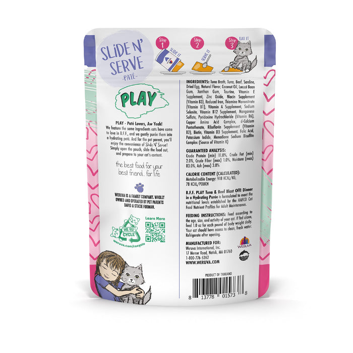 Back of a grain-free BFF Best Feline Friend Tuna & Beef Blast Off! cat food pouch labeled Slide N Serve Paté PLAY, featuring wild-caught tuna. Package includes nutrition facts, instructions, company info, a barcode, and bright pink accents.