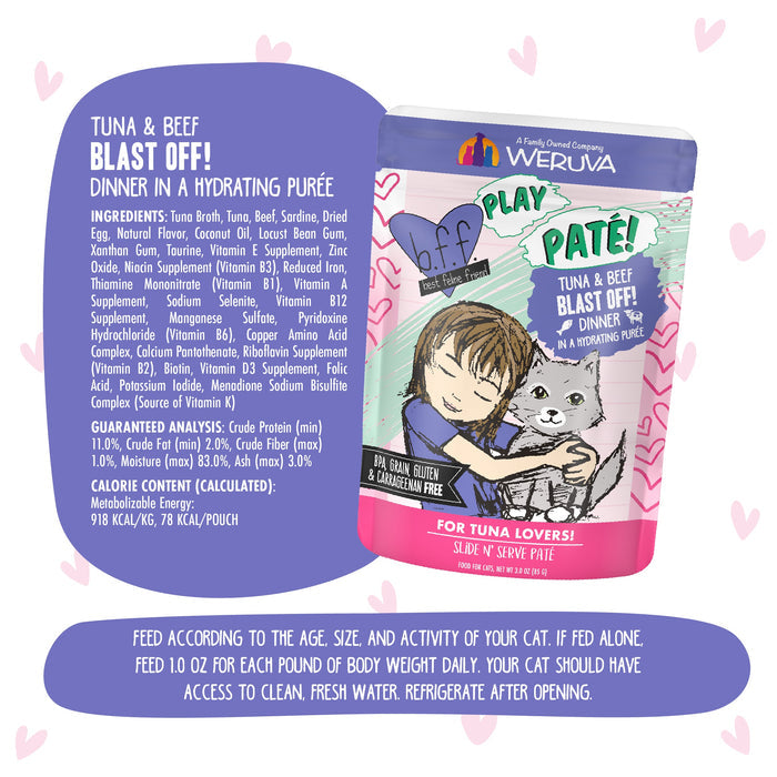 A colorful pouch of BFF Best Feline Friend Tuna & Beef Blast Off! cat food is shown, with playful artwork of a child hugging a white cat. The grain-free recipe features wild-caught tuna, grass-fed beef, nutrition facts, and feeding instructions.