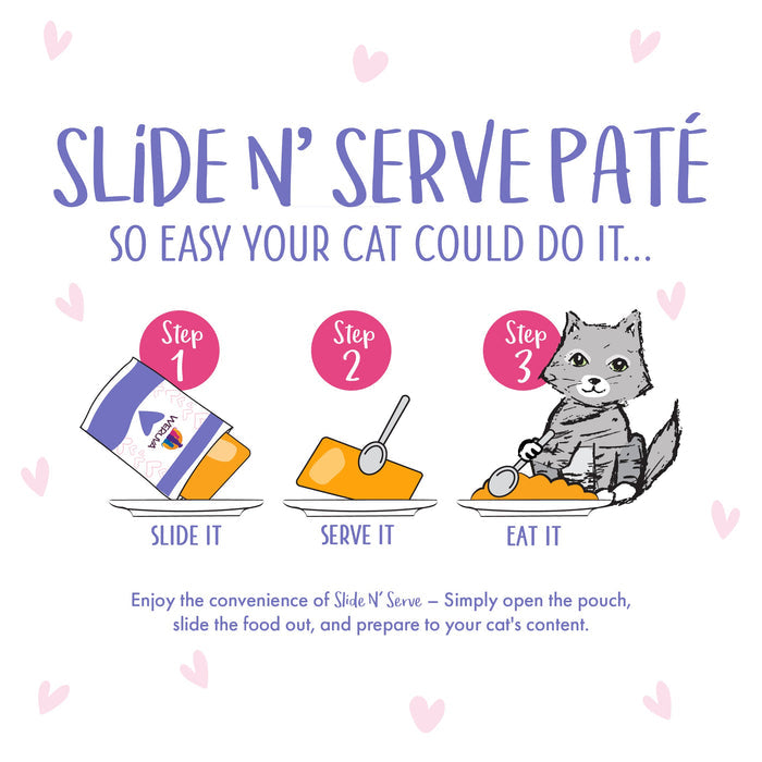 Illustration of three steps to feed a cat: slide BFF Best Feline Friend Tuna & Beef Blast Off! onto a plate, serve it, and watch your happy cat eat. Text reads, “So easy your cat could do it.”.