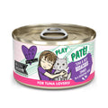 A can of BFF Best Feline Friend Tuna & Beef Bodacious cat food, featuring wild-caught tuna, grain-free and gluten-free, with a child hugging a gray cat and a "For Tuna Lovers!" label.