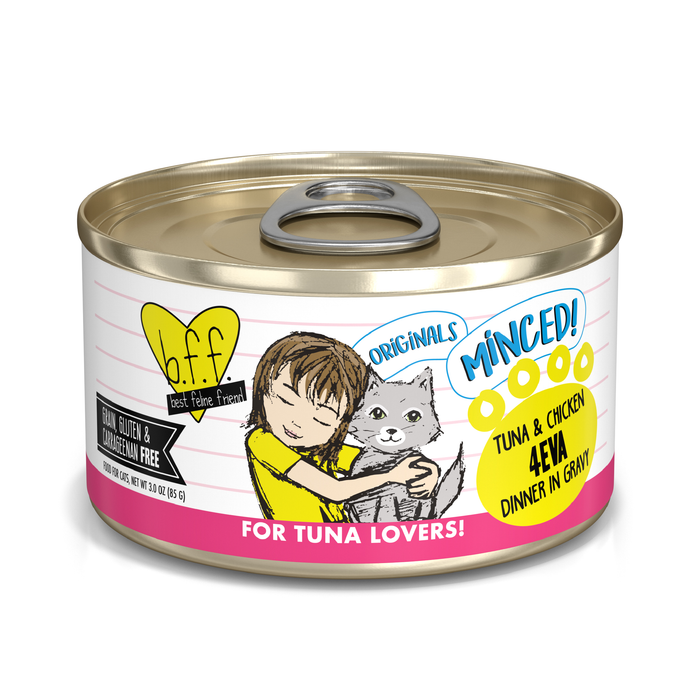 A can of BFF Best Feline Friend Tuna & Chicken 4Eva cat food, featuring a girl hugging a gray cat on the label. Made with wild-caught tuna and cage free chicken in gravy; grain, gluten & carrageenan free.