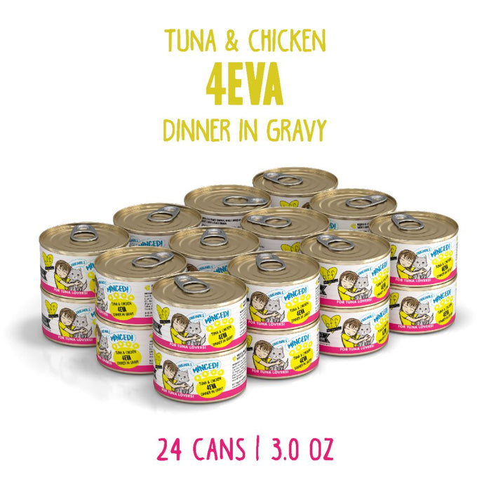 Twelve cans of BFF Best Feline Friend Tuna & Chicken 4Eva are arranged in three rows. The 24-pack features cage free chicken and wild-caught tuna, with the flavor name above and below; each can contains 3.0 oz.