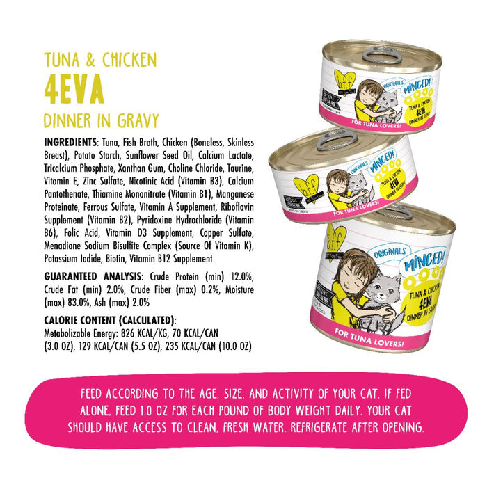 Three cans of BFF Best Feline Friend “Tuna & Chicken 4Eva” cat food sit on a white background, labels displaying ingredient, nutritional, and feeding details. Made with wild-caught tuna and cage free chicken.