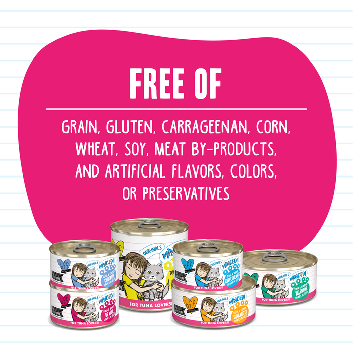 Five cans of BFF Best Feline Friend Tuna & Chicken 4Eva cat food are arranged before a pink shape with bold white text: Made with wild-caught tuna and free from grain, gluten, carrageenan, corn, wheat, soy, meat by-products, and artificial additives.
