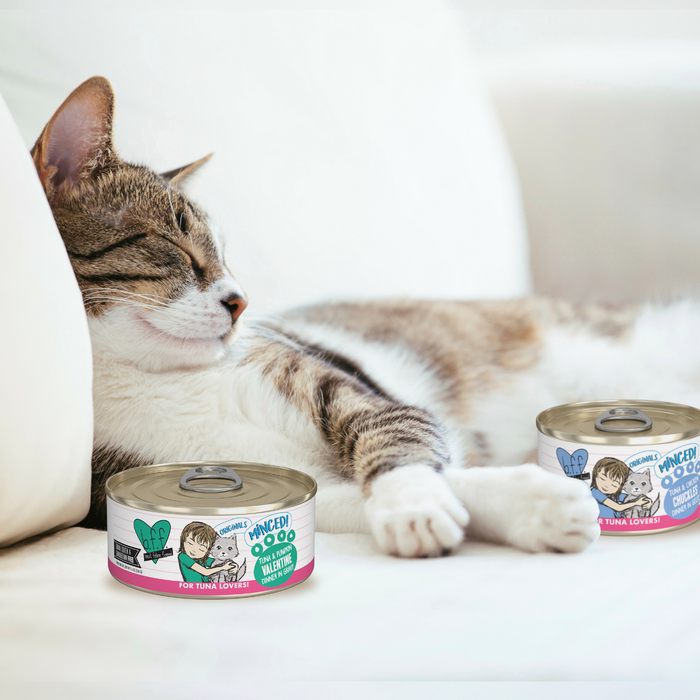 A relaxed tabby cat lounges on a white sofa beside two cans of BFF Best Feline Friend Tuna & Chicken 4Eva, featuring playful cartoon labels and offering a mix of wild-caught tuna and cage-free chicken.