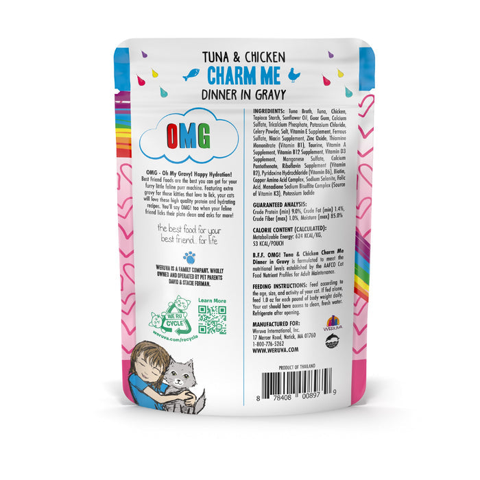 Back of BFF Best Feline Friend Tuna & Chicken Charm Me pouch. Made with wild-caught tuna and cage-free chicken for gravy-loving cats. Features ingredients, nutrition facts, and a rainbow cartoon of a child hugging a gray cat.