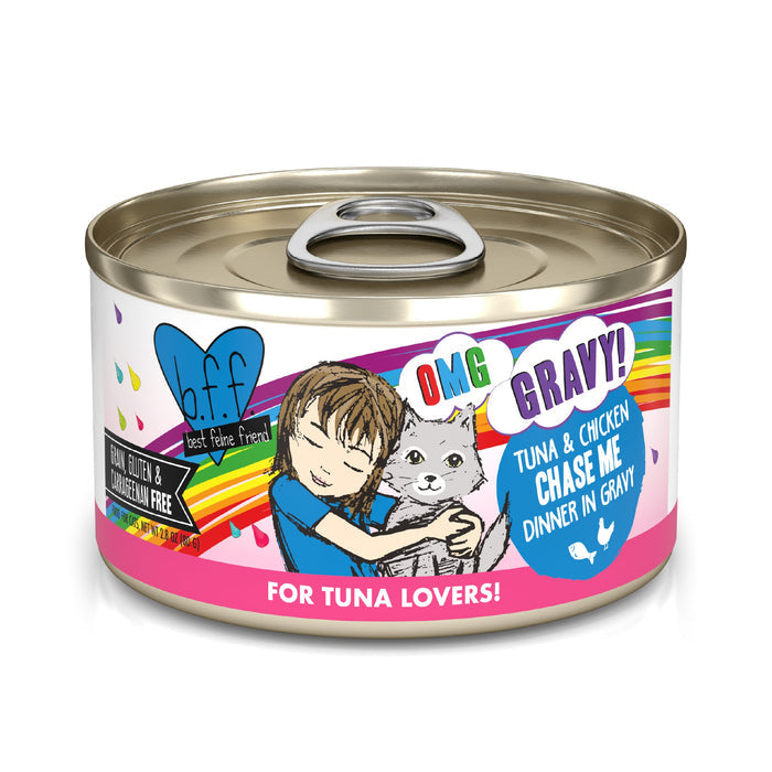 A can of BFF Best Feline Friend Tuna & Chicken Chase Me cat food, featuring a child hugging a gray cat with rainbow accents, highlights a tuna and chicken dinner in gravy—ideal for cats who love gravy and made with wild-caught tuna.