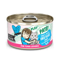 The BFF Best Feline Friend Tuna & Chicken Check Please! Play Paté is a grain-free cat food in hydrating purée, with a label showing a child hugging a gray cat and highlighting it’s perfect for tuna lovers.