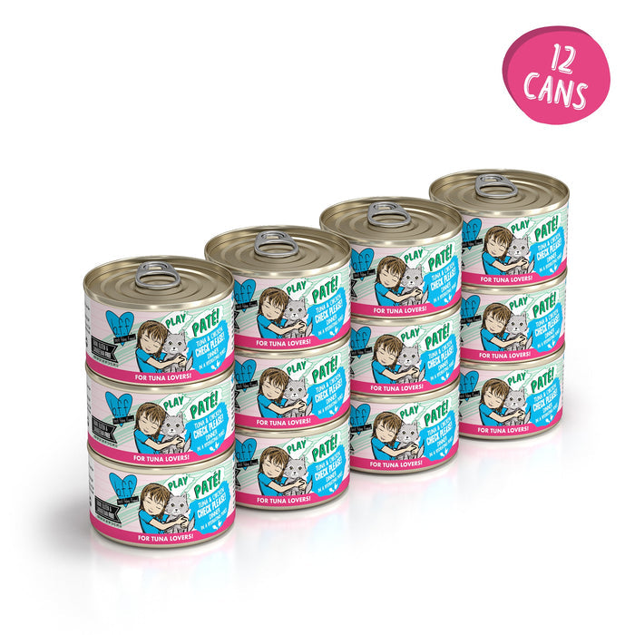 Twelve cans of BFF Best Feline Friend Tuna & Chicken Check Please! grain free cat food, arranged in three rows of four, each with colorful labels featuring a cat illustration and text. A pink circle in the top right corner says 12 CANS.
