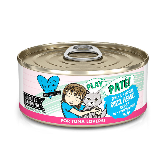 A can of BFF Best Feline Friend Tuna & Chicken Check Please! cat food features a child hugging a gray cat, "For Tuna Lovers!" text, and details on a white, pink, and blue label. Made with wild-caught tuna, cage-free chicken, and is grain free.