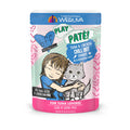 A pouch of BFF Best Feline Friend Tuna & Chicken Chill Out cat food, made with wild-caught tuna and cage-free chicken. The grain-free, pink-and-blue pack shows a child hugging a gray cat alongside product details.