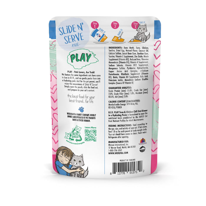 Back view of a colorful, grain-free BFF Best Feline Friend Tuna & Chicken Chill Out cat food pouch with feeding instructions, cage-free chicken among ingredients, nutrition info, barcode, and cat-person hugging illustration.