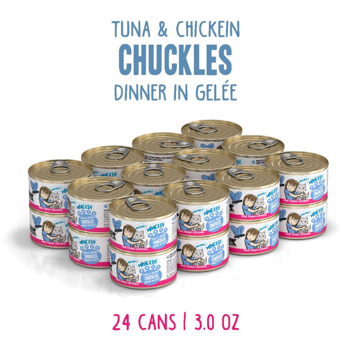A pyramid of 24 BFF Best Feline Friend Tuna & Chicken Chuckles canned cat foods, each 3.0 oz with blue and pink labels, features wild-caught tuna and chicken breast in gelée.