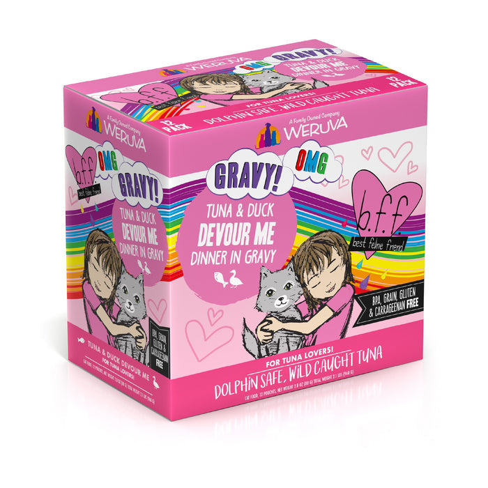 A colorful box of BFF Best Feline Friend Tuna & Duck Devour Me, featuring wild-caught tuna and cage-free duck in gravy, with a girl hugging a gray cat and pink hearts—perfect for cats who love gravy.