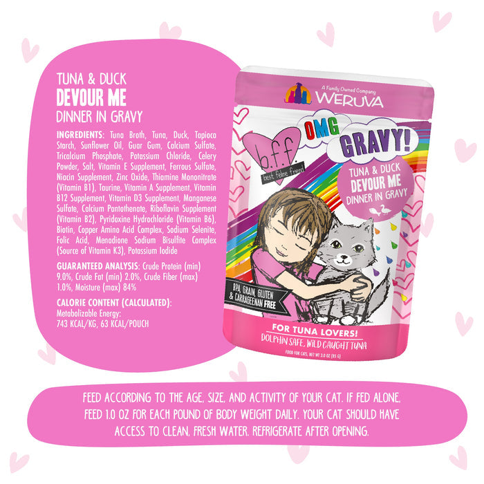 A colorful BFF Best Feline Friend Tuna & Duck Devour Me pouch features a girl hugging a gray cat, highlighting cage-free duck and wild-caught tuna. Ingredients and nutritional info appear beside the pouch.