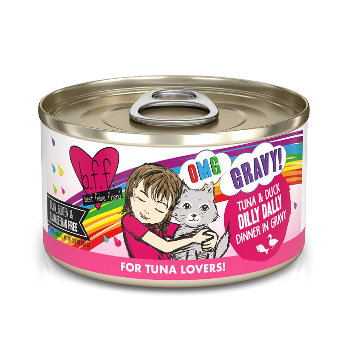 A can of BFF Best Feline Friend Tuna & Duck Dilly Dally cat food features a label with a cartoon girl hugging a gray cat, colorful text, and hearts in the background. Made with wild-caught tuna and cage-free duck.
