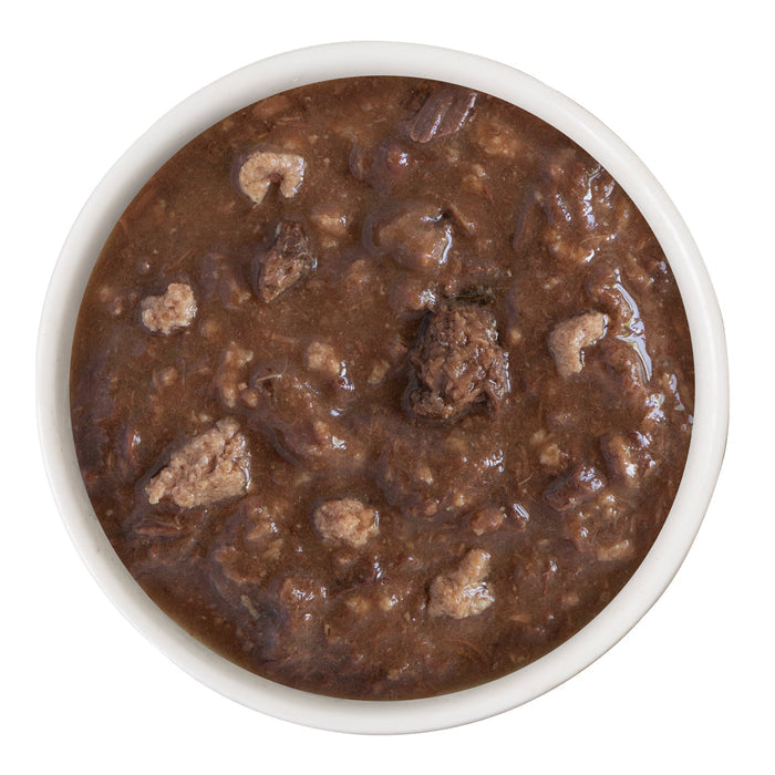 BFF Best Feline Friend Tuna & Duck Dilly Dally is a chunky brown stew with visible meat in rich gravy—ideal for cats who love the flavors of wild-caught tuna and cage-free duck.